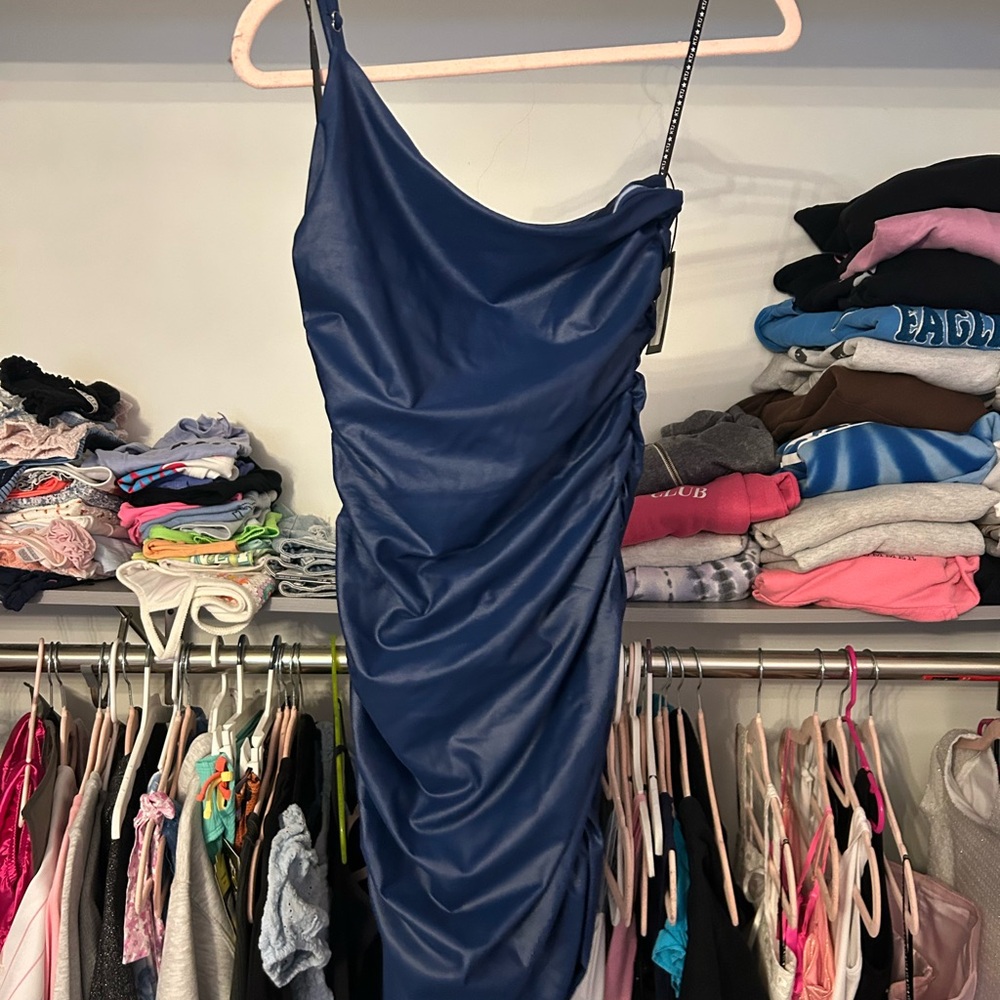 Katie J NYC Blue Asymmetrical Ruched One Shoulder Dress